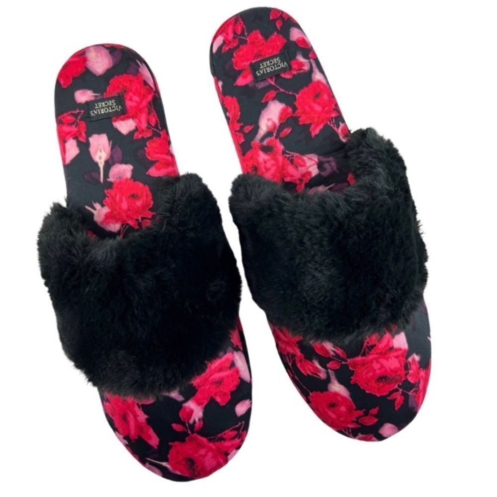 VICTORIA’S Secret Signature Satin Rose Slippers With Faux Fur Size Small - Picture 2 of 9